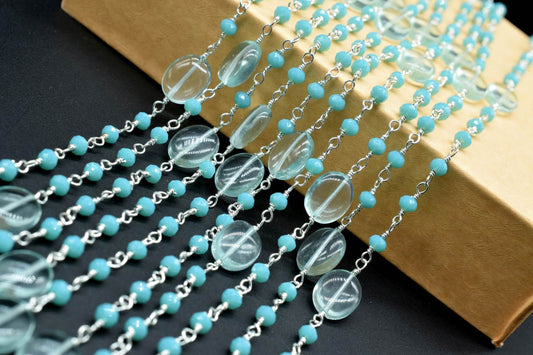 Natural Sky Topaz Smooth Oval Rosary Style Beaded Chain,Gold Plated Wire Wrapped Chain,Gemstone Linked Handmade Chain,Jewelry Making,