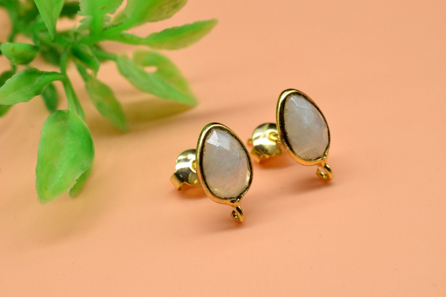 Moonstone 7x10mm Pear Shape Earring Connector,Jewelry Craft Supplie,Moonstone connector post stud,Jewelry,Teardrop Connector,Jewelry Finding