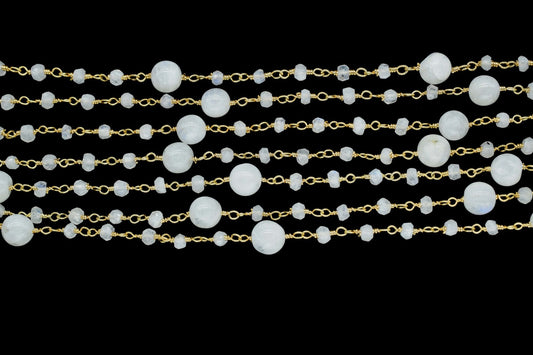 Moonstone 3mm Beaded Chain,Rainbow Moonstone round balls Rosary Chain,Gemstone Chains By the Foot for Rosary Necklace,Rosary Roll Bulk pirce
