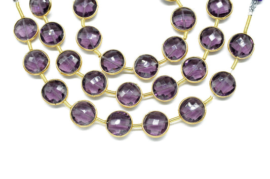 Amethyst Gemstone 10mm Round Charms Beads Strand,Amethyst Findings Jewelry Making,Brass Gold Plated bezel,February Birthstone Coin Links