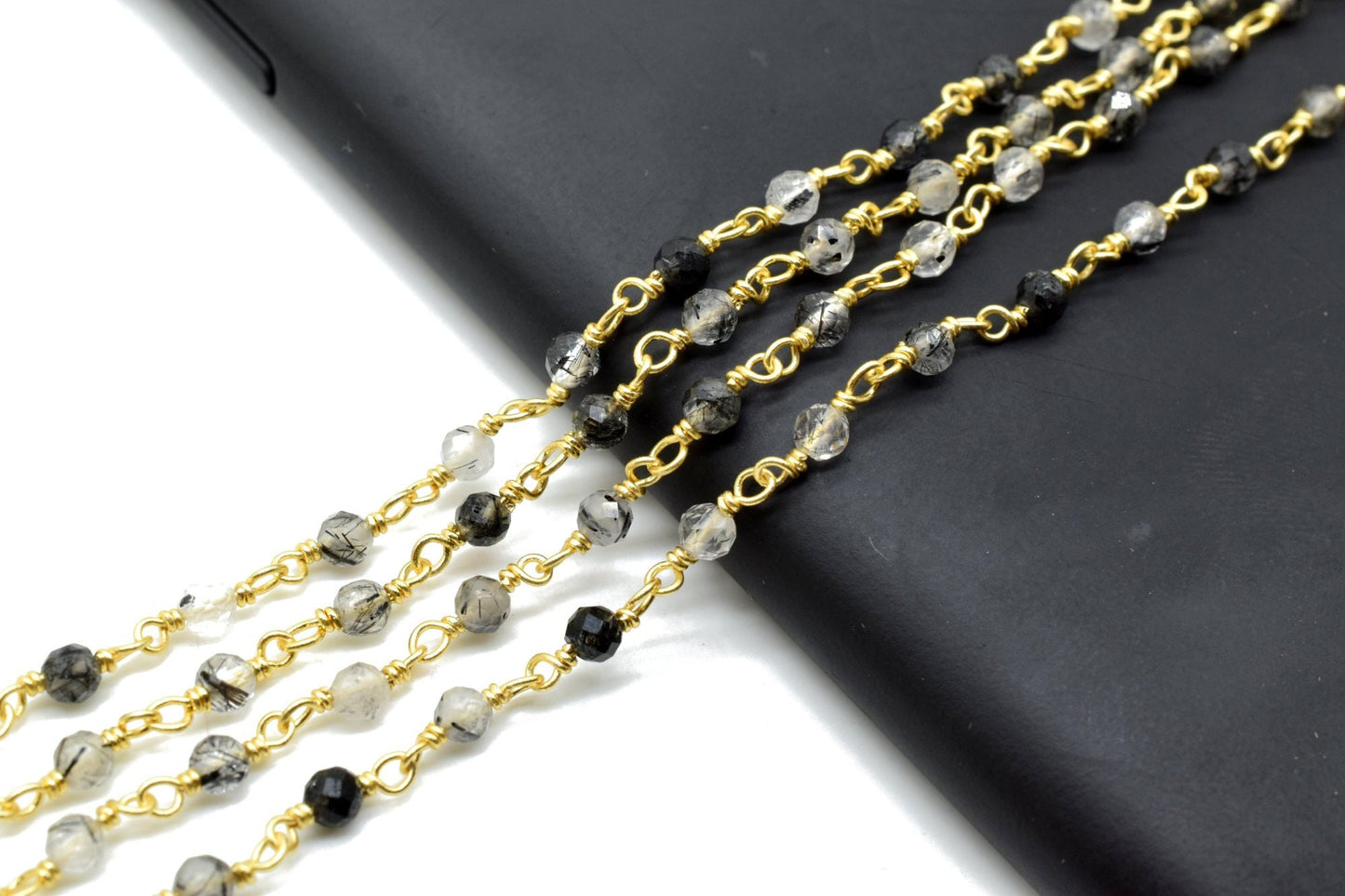 Black rutile 3mm Beaded Chain,Black Rutile Gemstone Rosary Chains, Tourmalated Quartz 3mm Faceted Beads,Rutile Wire Wrapped Rosary Chains