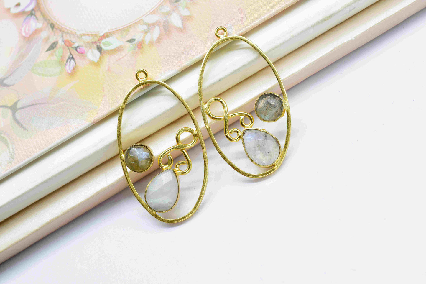 Multi Gemstone Oval Shape Single Bail Charm,Moonstone 7x10mm Teardrop Shape Pendants,Labradorite Round Shape Connectors, Labradorite Jewelry