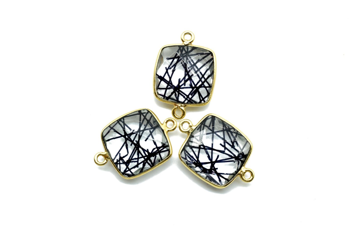 Black Rutile 14mm Cushion double bail connectors,Black Rutile Components, Cushion dual loop Connectors,Black Rutile Brass Gold Edge Jewelry