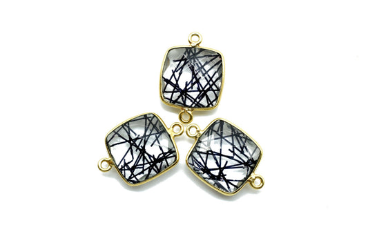 Black Rutile 14mm Cushion double bail connectors,Black Rutile Components, Cushion dual loop Connectors,Black Rutile Brass Gold Edge Jewelry