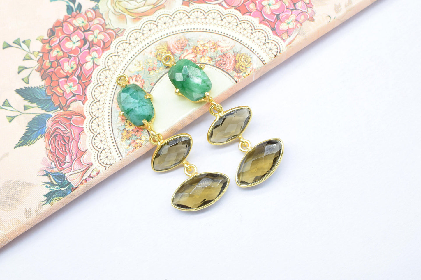 Emerald Bezel Charm Connector/Station Bezel Link Pendant/Prong Bezel Jewelry/Connector/Handmade Jewelry/Smoky Quartz Pendant/B'day Gift