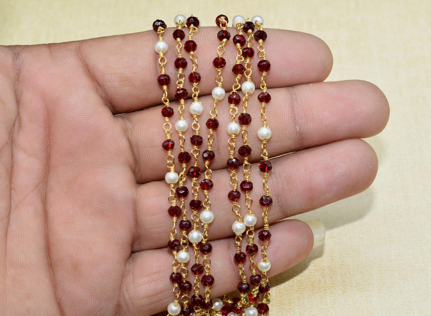 Garnet Hydro Faceted Rondelle Beaded Rosary Chain,Jewelery Making Craft,Finding Chain,Pearl Wire Wrap Rosary Chain,Gold Plated Rosary Chain
