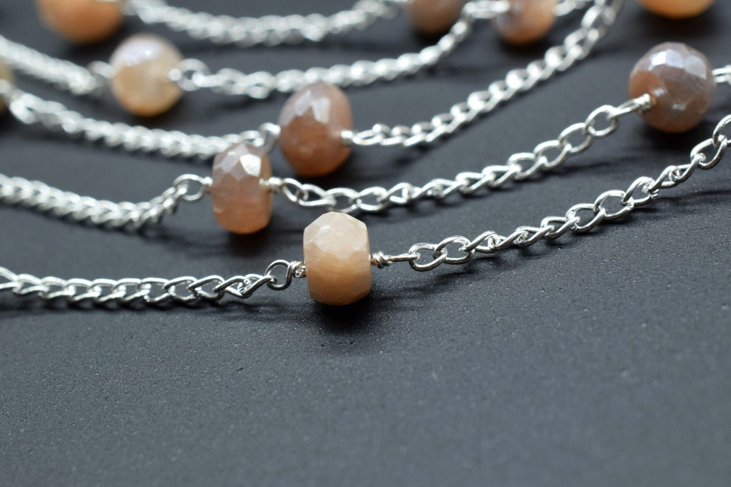 Peach Moonstone Coted Beads Rosary,Silver Plated,Wire Wrapped link Stone Rosary Chain,Bead Supplies,Craft Supply Rosary,Handmade Beads Chain