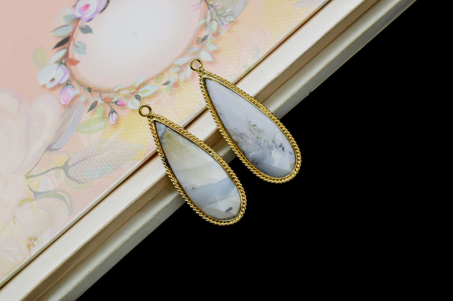 Dendrite Opal Faceted gemstone 10x30mm Pear Shape charms,Dendrite Opal Gemstone Bezel jewelry making,Dendrite Opal Gold Plated bezel,Gift