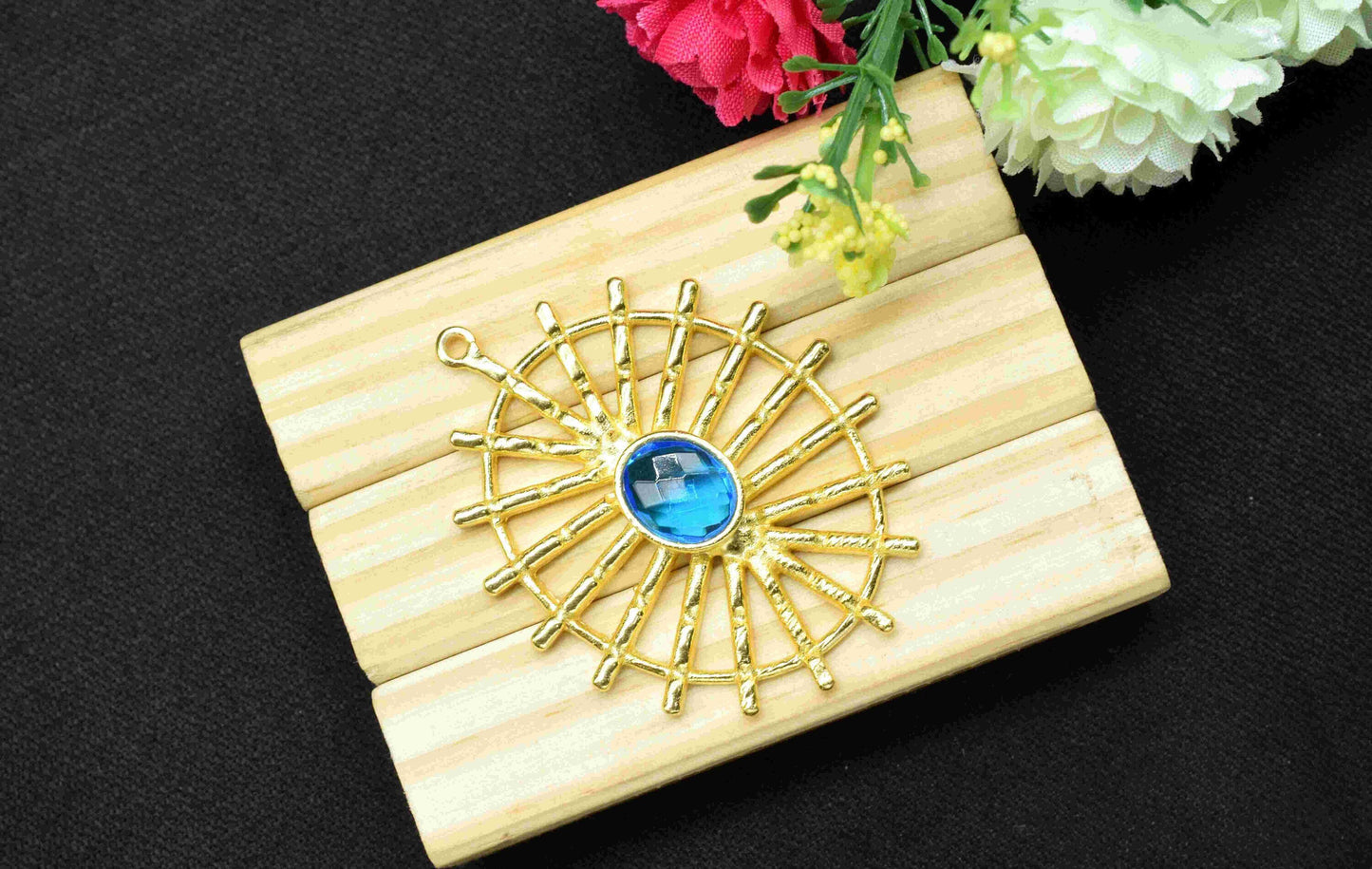 Blue Topaz  Gemstone Component Single Bail Charm, Blue Topaz  Connector Pendant, Gold Plated Connectors ,Pendant Jewelry, Earring Component