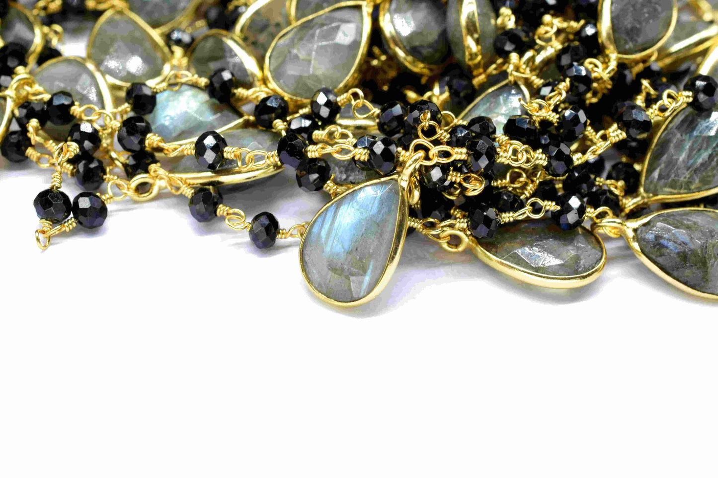 Labradorite 8x12mm Teardrop Shape Bezels Link Chain,Black Onyx 3mm Beads Chain,Labradorite Bezels chain,labradorite And Black Onyx Jewellery