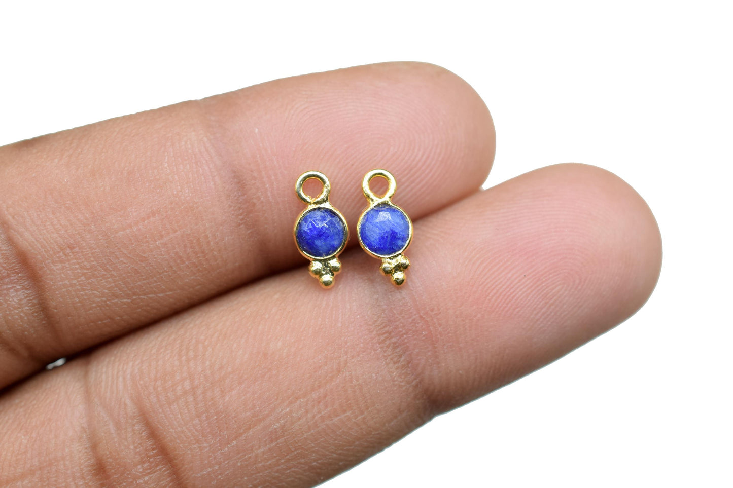 Blue Sapphire Charms Connector/Handmade Jewelry/Gold Plated Connector/Tiny Pendant/Blue Sapphire Pendant/Round Shape Connector/B'day Gift