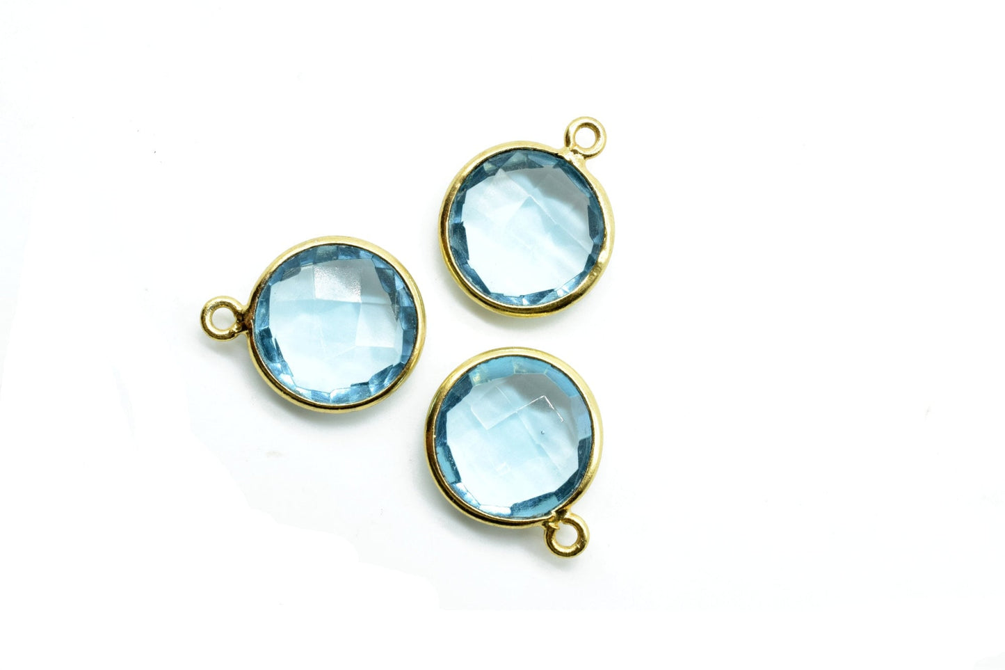 Sky Topaz 12mm Round charm,Brass Gold Plated bezel,Sky Topaz Pendant,Teardrop,Light Gold Bezel Trim Edge Faceted Gemstone,Sky Topaz charm
