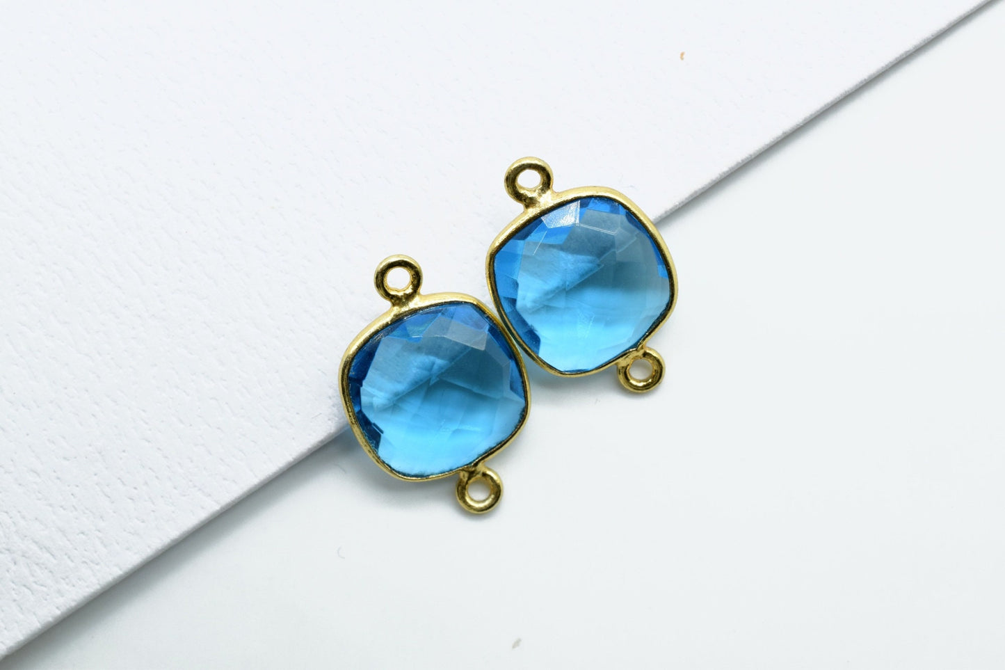 London Blue Topaz 12mm Cushion Shape Charms,Gold Plated Double Bail Gemstone Connector,Faceted Cushion Shape Gemstone Bezel,Cushion Charms