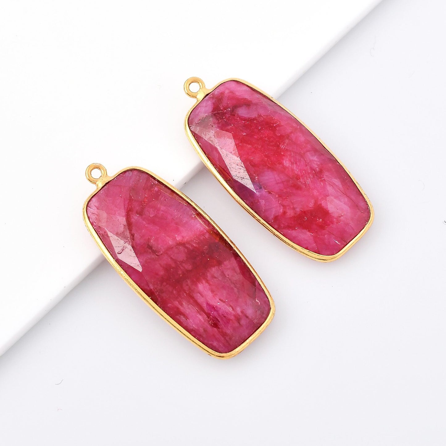 Genuine Ruby 14x28mm Bezel Charm Pendant,Rectangle Shape Gold Plated bezel,Gold Vermeil Bezel, jewelry making charm,Gold-Filled bezel charm