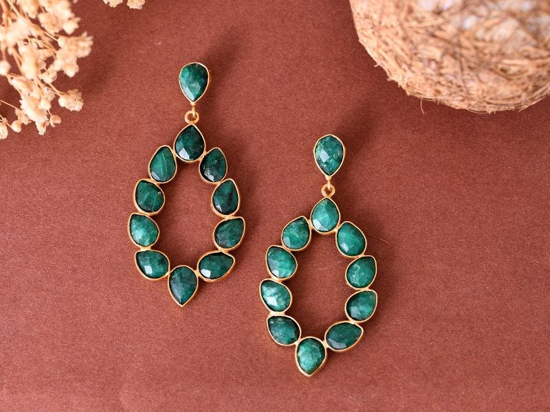 Natural Emerald Earring/Bridal Earring/Gold Plated Emerald Jewelry /Bridesmaid Earrings/Statement Earrings/May Brithstone/Anniversary Gifts