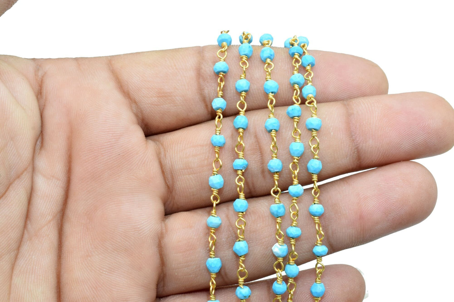 Turquoise 3mm Beaded Chain,Beaded Gold Plated Rosary Chain,Turquoise Rondelle Faceted Rosary Chain,jewelry Making,Finding,Bulk Roll Wire
