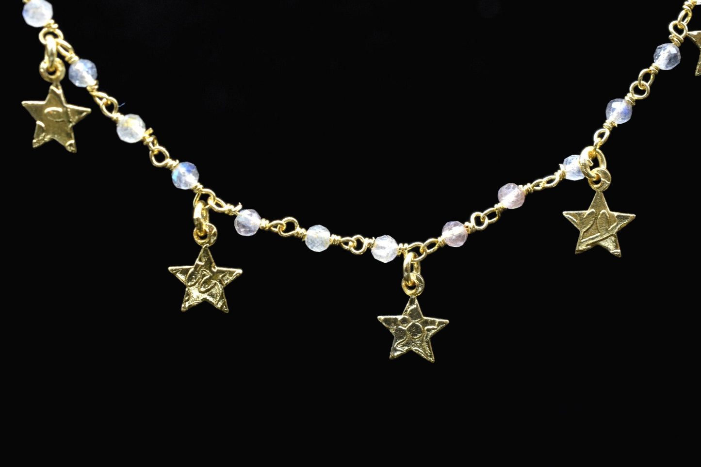 Labradorite 2mm Beaded & Star Charm Chain,Blue Fire Labradorite Rosary Chains,Gold Plating Wire Wrap Chain,Brass chain,Jewelry Making Chains