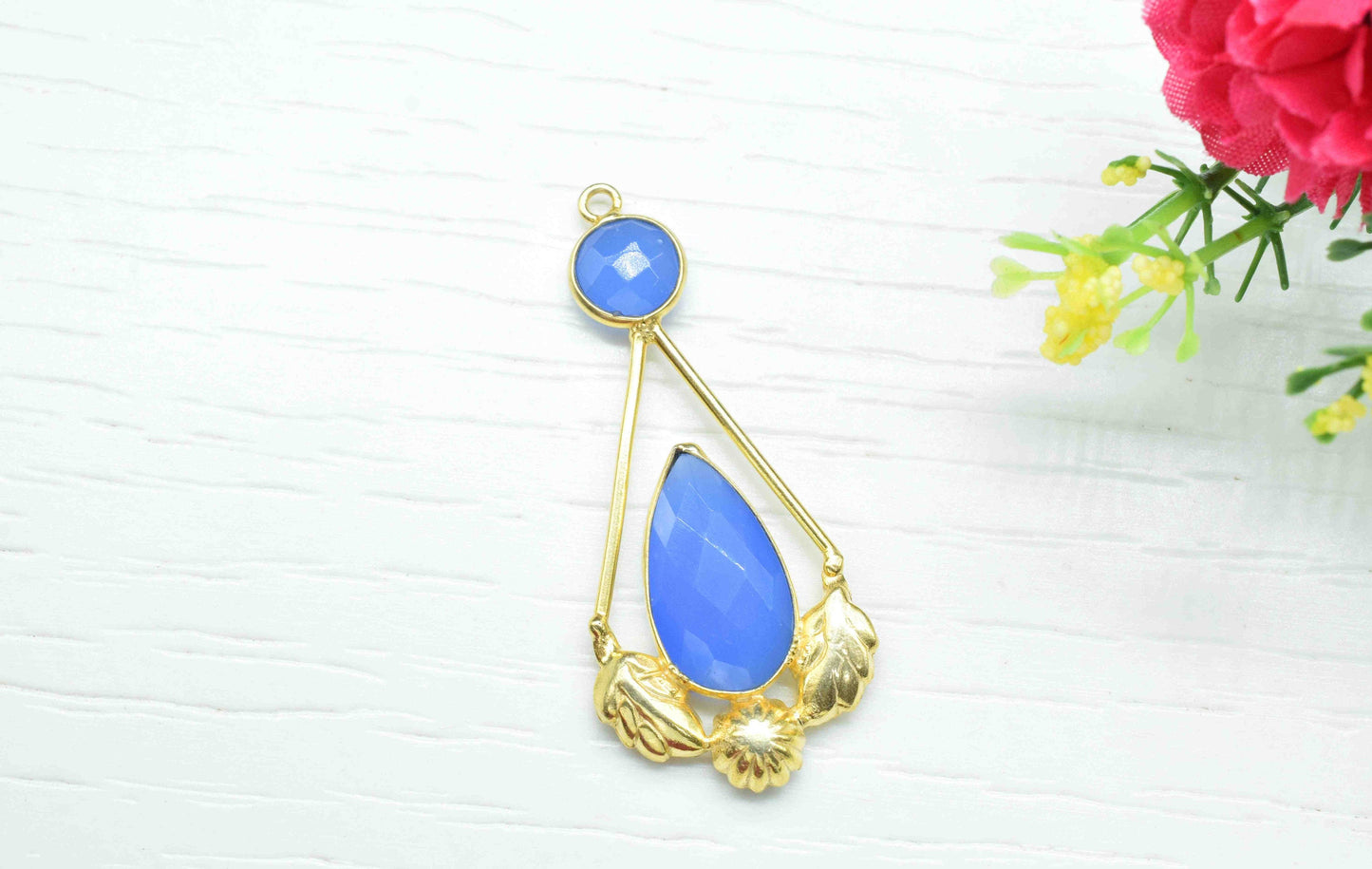 Blue Chalcedony Gemstone Pendant , Blue Chalcedony Handmade Pendant , Multi Gemstone Charms , Gold Plated Gemstone Connectors , B'day Gift