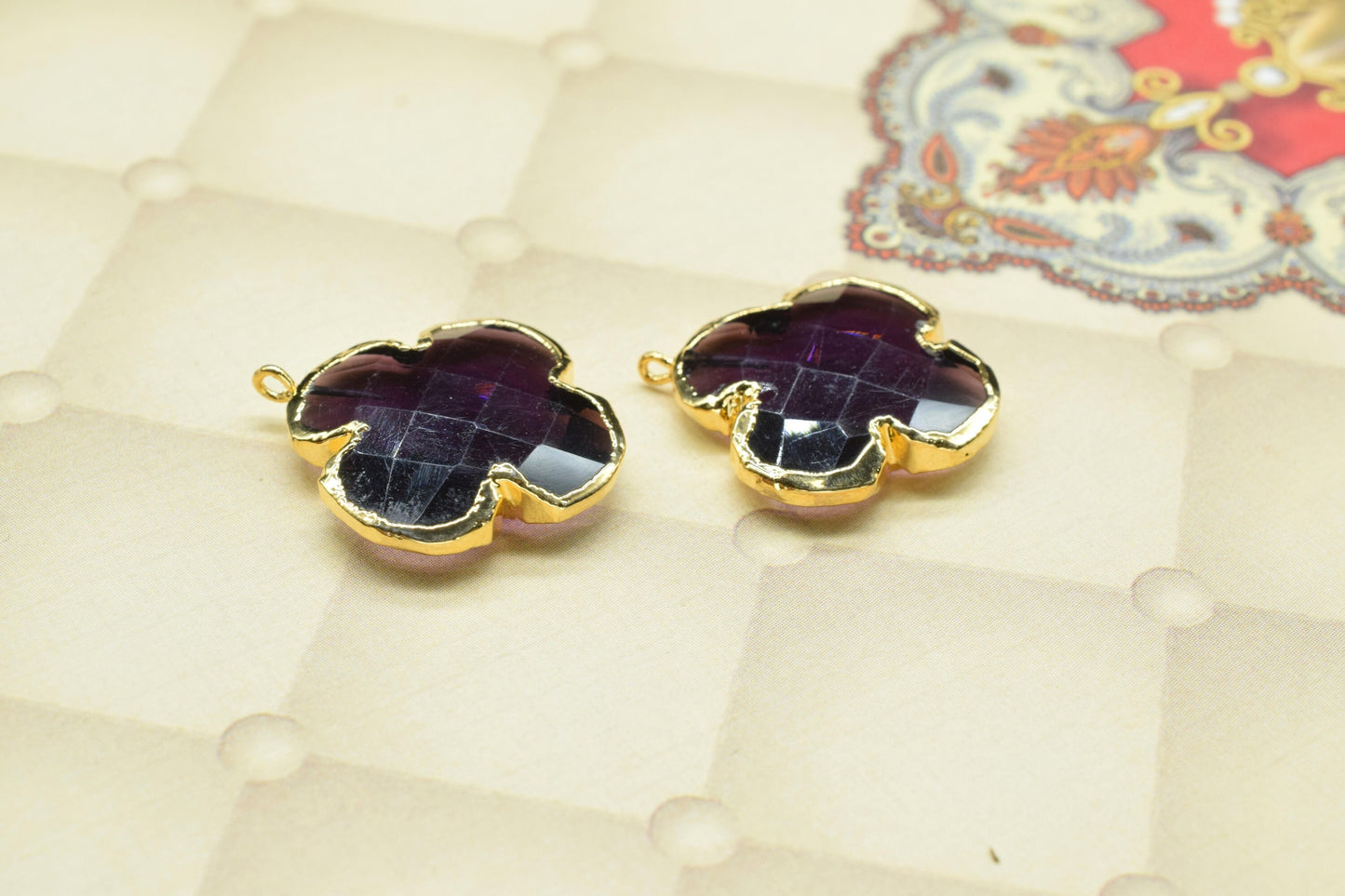 Amethyst Handmade Clover Pendant,Clover Earring Connector,Amethyst Electroplated Pendant jewelry,Gemstone Component,Brass Pendant Charm,Gift