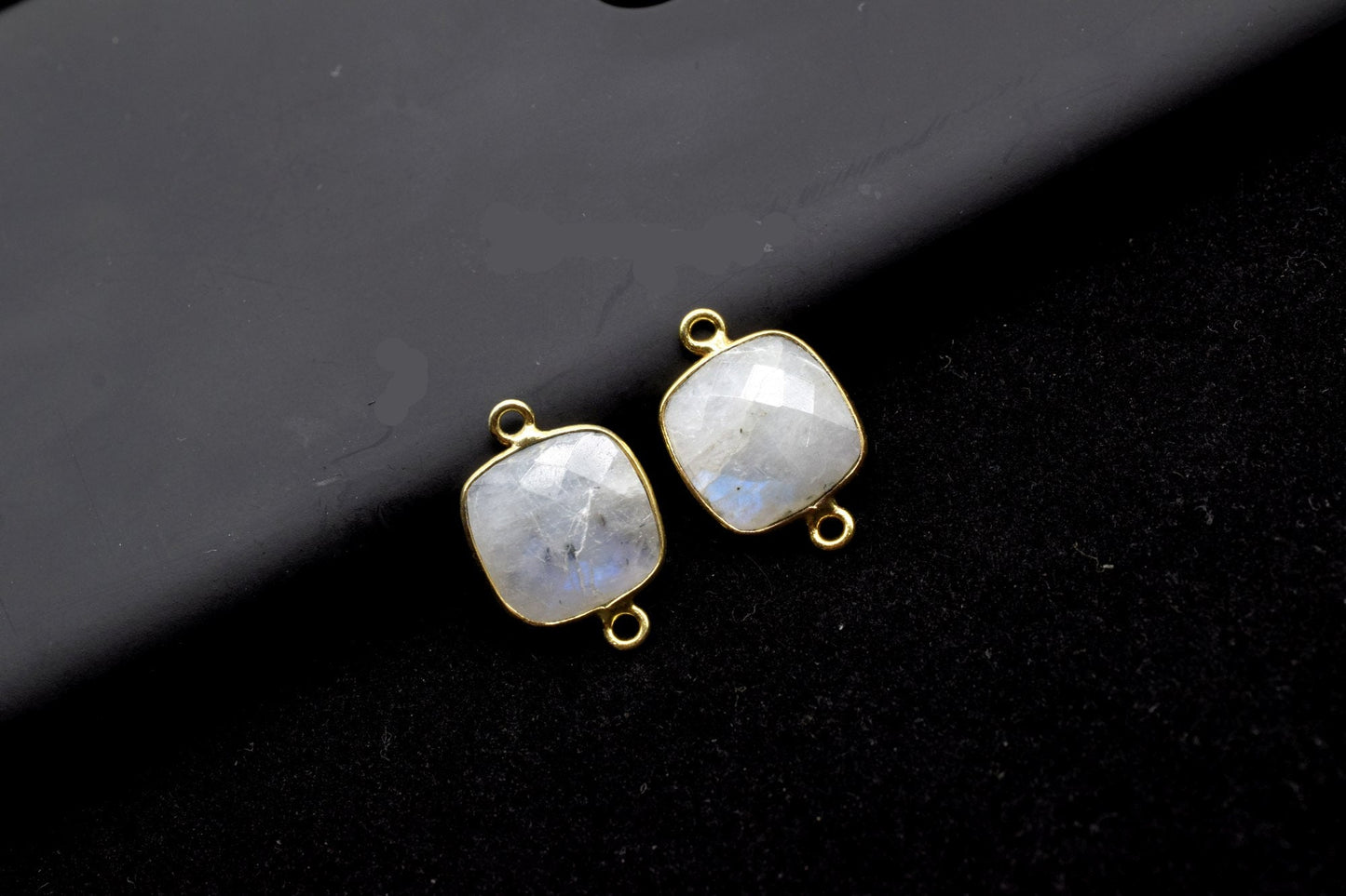 Moonstone 12mm cushion shape Double loop connectors,Moonstone Pendants,White Rainbow bezel links,Gemstone Cushion Cone Charms,Minimal Stones