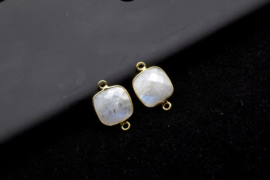 Moonstone 12mm cushion shape Double loop connectors,Moonstone Pendants,White Rainbow bezel links,Gemstone Cushion Cone Charms,Minimal Stones