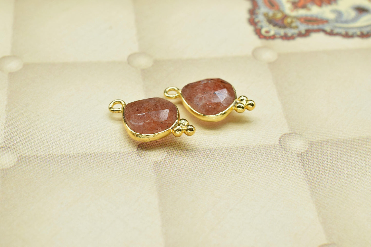 Pink Strawberry Gemstone 10mm Heart shape Pendant,Strawberry Faceted Connector Jewelry,Pink Strawberry Gold Plated Single Bail bezels,Gift