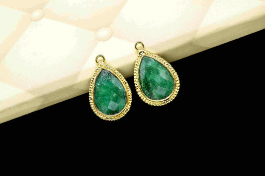 Emerald 9x13mm Gemstone Connector,Pear Shape Bezel,Emerald Gemstone Single Bail Connectors Jewelry,Gold Plated Charms Connectors,Charms Gift