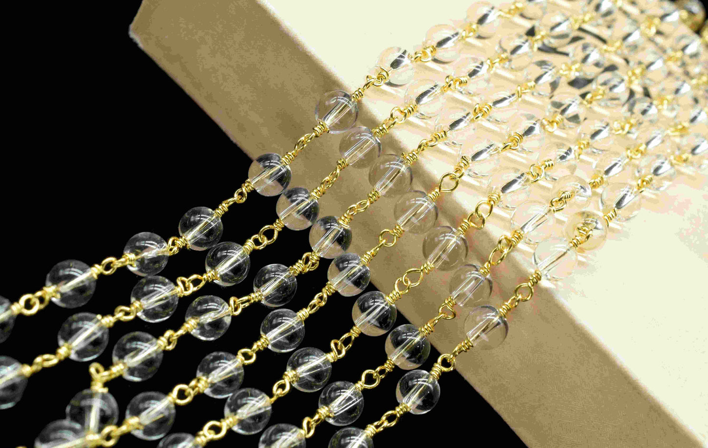 Crystal Quartz Smooth 6mm Round Beaded Chain,Crystal Brass Wire Wrapped Necklace Chain,Easy Open gold Chain,quartz gold Plating Beads Rosary