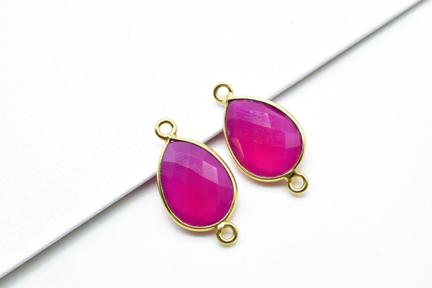 Pink chalcedony 10x14mm Pear shape double loop connectors,Checker Board cut Pink Chalcedony Pendant,Hot Pink charms,Fuchsia Pink Chalcedony