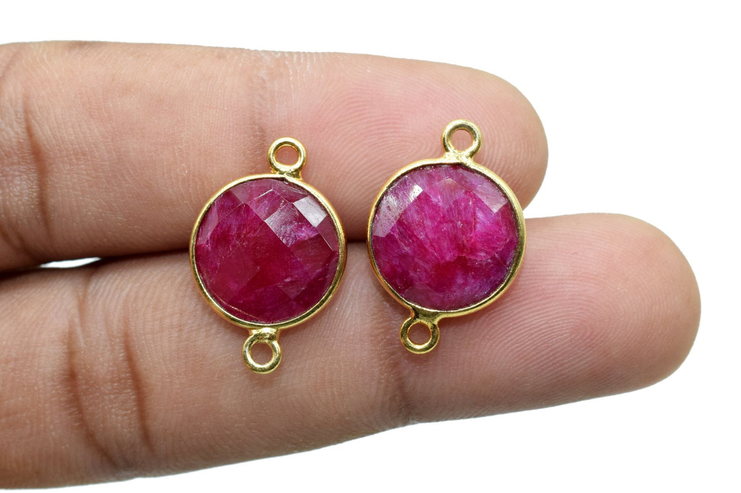 Ruby 12mm Round double bail connectors,Ruby Pendant,Ruby Round Gold Plated bezel,Ruby double loop connector,Ruby jewelry making charm,Ruby