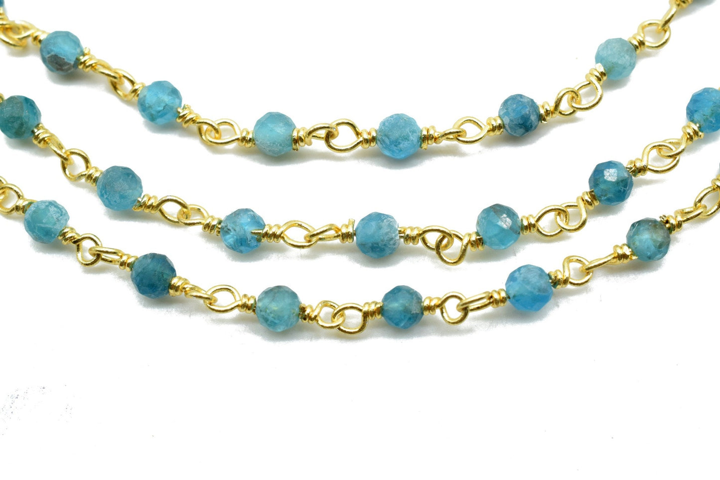 Apatite 3mm Beaded Chain,Apatite wire wrapped chain,Beaded chain,rosary chain,jewelry making supplies,Apatite Gold Plated Wire Wrapped Chain