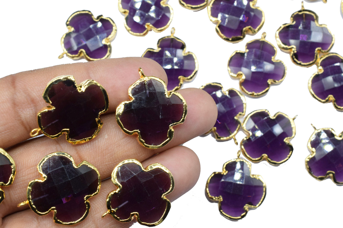 Amethyst Handmade Clover Pendant,Clover Earring Connector,Amethyst Electroplated Pendant jewelry,Gemstone Component,Brass Pendant Charm,Gift