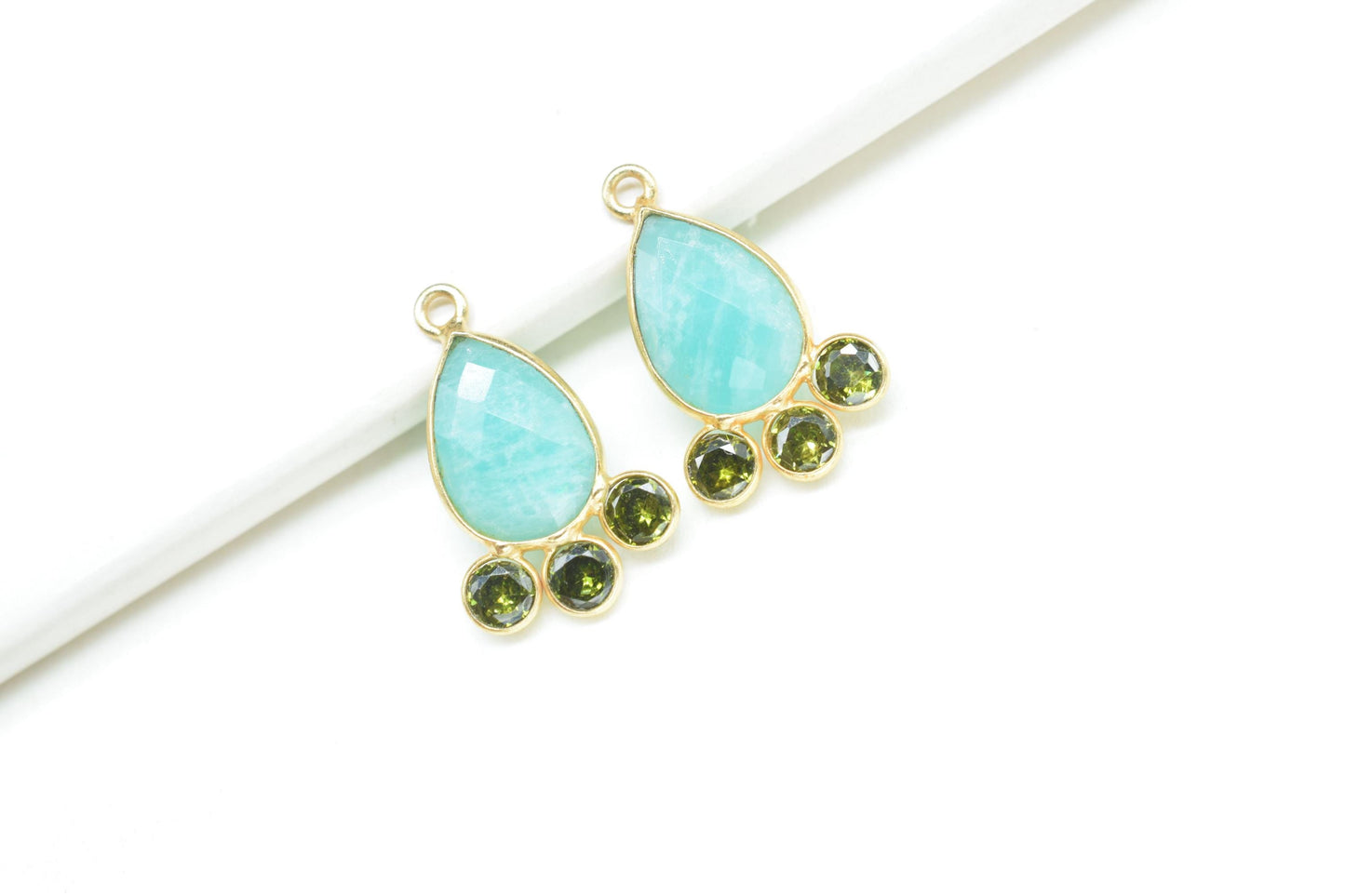 Amazonite 10x14mm Pear shape Bezel charms,Amazonite Pendant,Gemstone connector,Amazonite Charms Jewelry,Cubic zirconia Bezel charm,p011