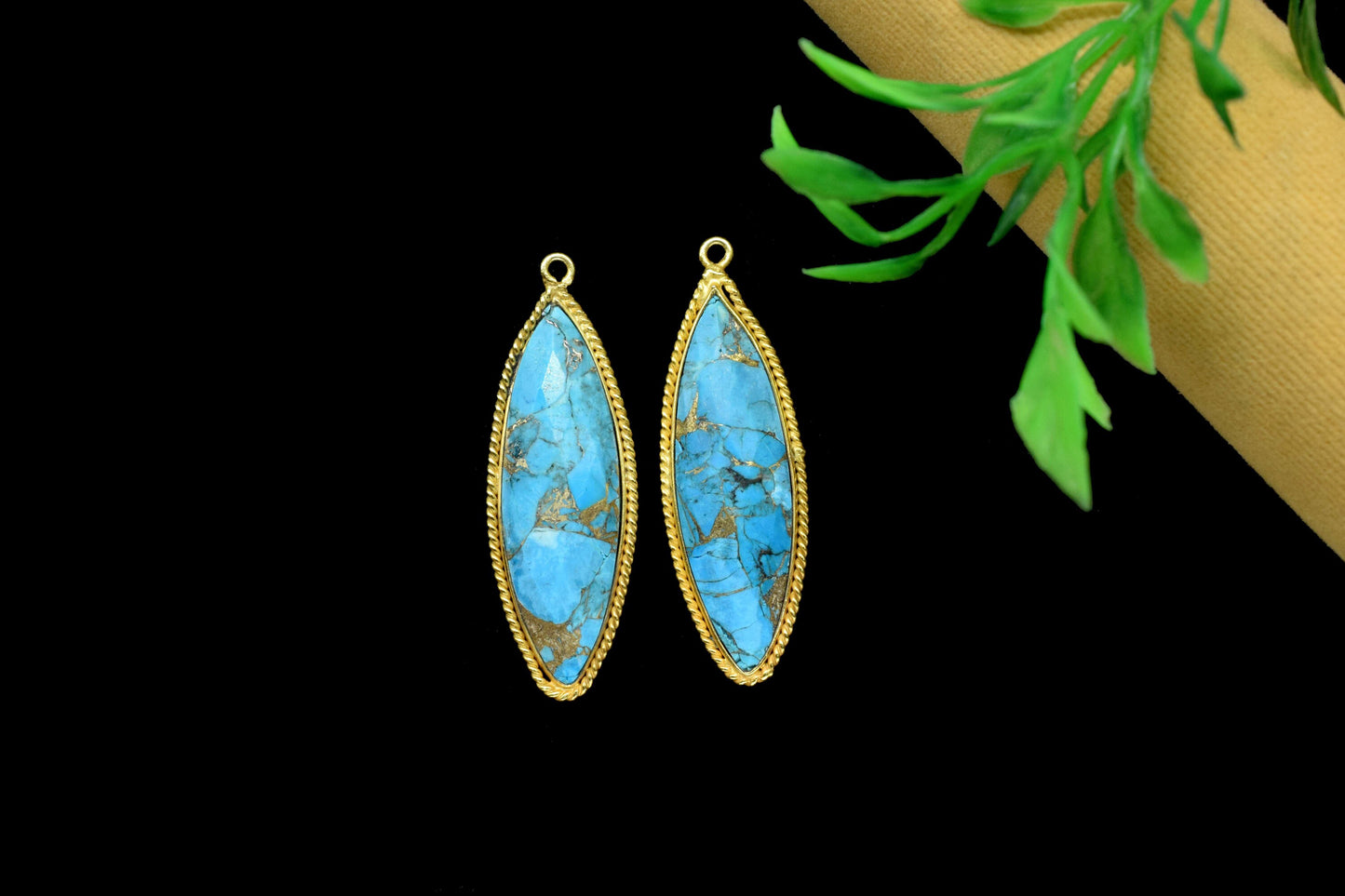 Blue Copper Turquoise 10x34mm Marquise Shape Charms Pendant,Turquoise Single Bail Pendant,Copper Turquoise Gold Plating Gemstone Charms,Gift