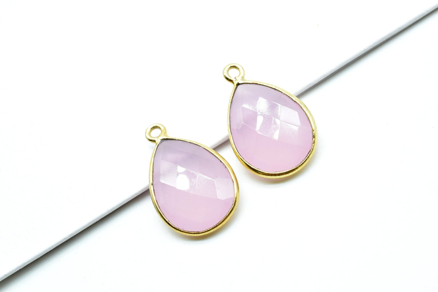 Pink Chalcedony 12x16mm Bezel charm,Pink Chalcedony Teardrop pendant,Pink Chalcedony Faceted Bezel Link , Bezel Pack of five Piece Connector