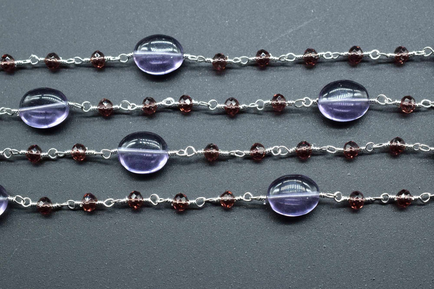 Amethyst Gold Plated wire Wrapped Rosary Chain,Smooth Natural Amethyst Oval Nugget Shaped Beads,Garnet beaded chain,Amethyst  Rosary Chain