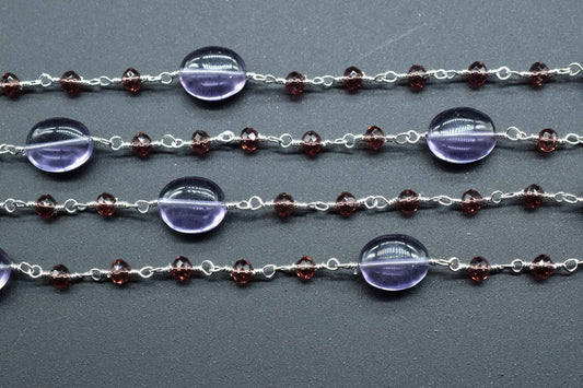 Amethyst Gold Plated wire Wrapped Rosary Chain,Smooth Natural Amethyst Oval Nugget Shaped Beads,Garnet beaded chain,Amethyst  Rosary Chain