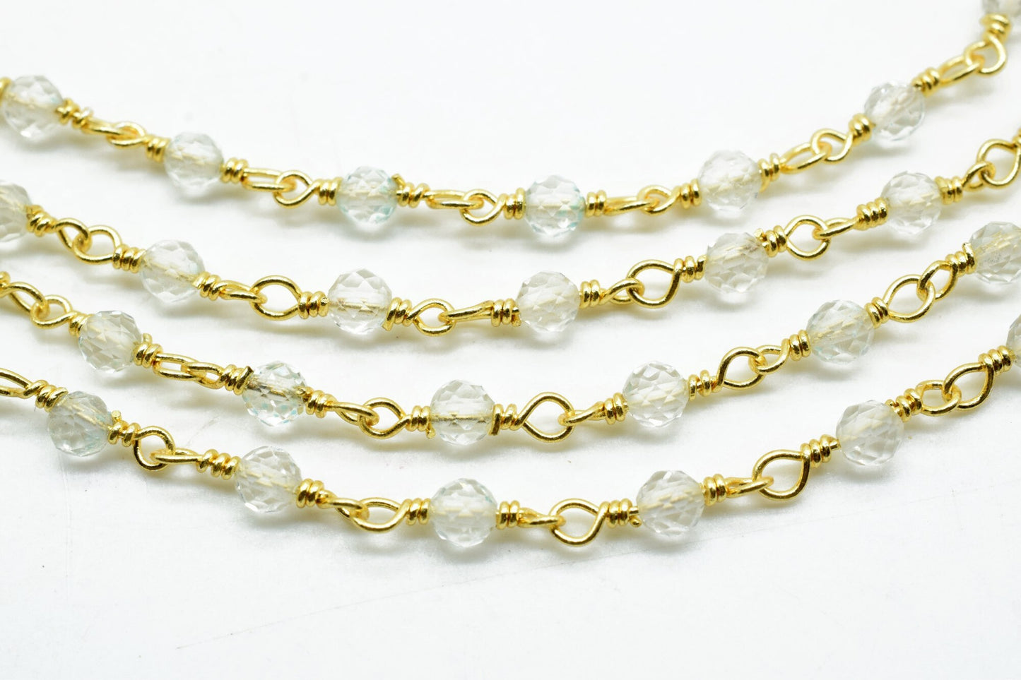 Crystal 3mm Beaded Chain,Rosary Bead, Cut Glass, Super Sparkly, By Foot, Wrapped Brass Wire, Necklace, Bracelet,Easy Open Eyepin gold Chain