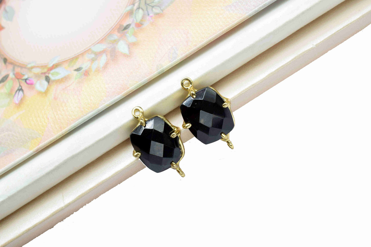 Black Onyx Faceted 10x12mm Cushion Shape Bezel,Black Onyx Handmade Gemstone Bezel Prong Set Pendant,Black Onyx double bail connector jewelry