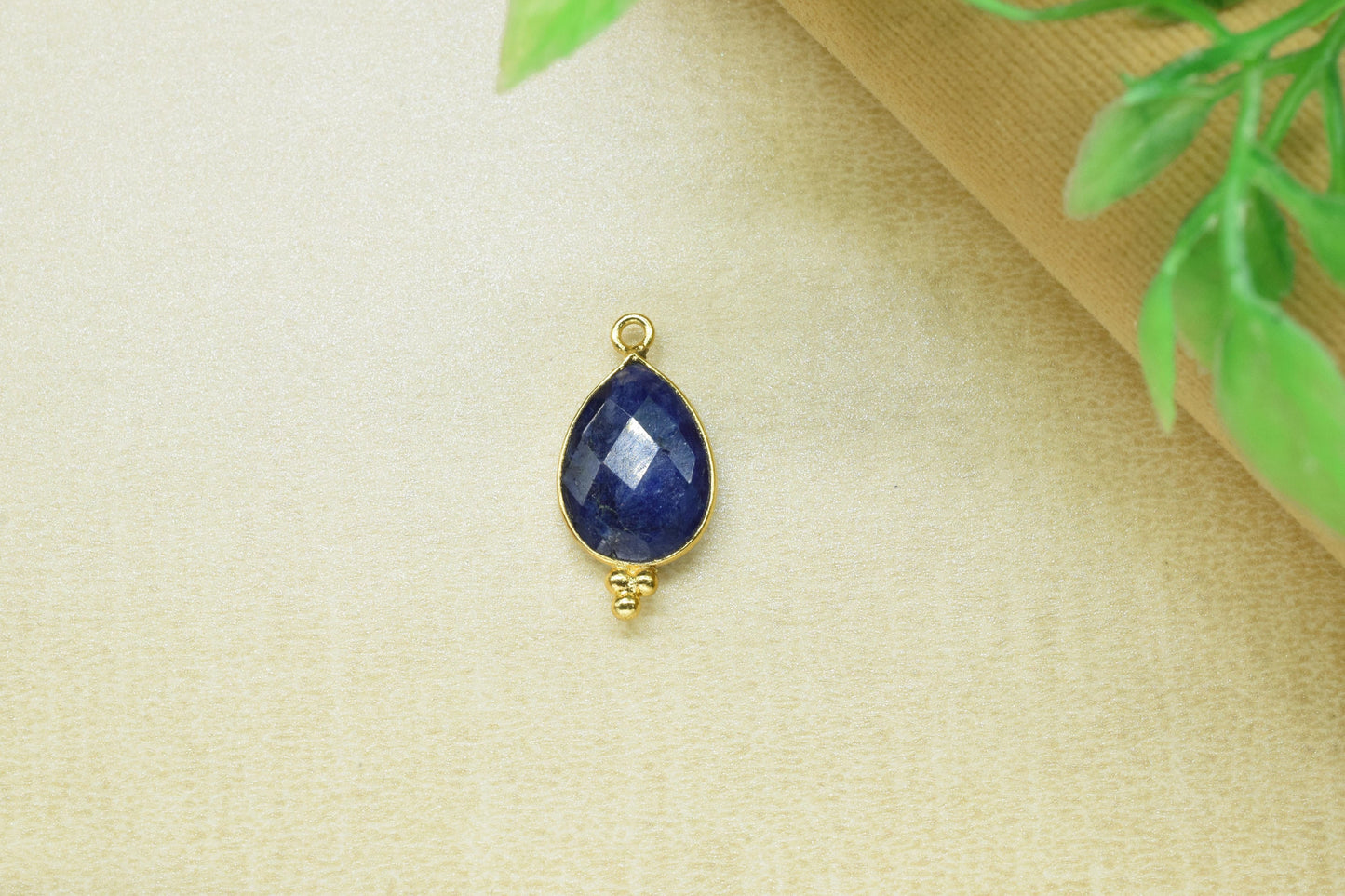Blue Sapphire Faceted Charm,Sapphire Single Bail Connector,Blue Sapphire Pendant,Sapphire 10x14mm Pear Shape Gold Plated Charms Pendant,Gift