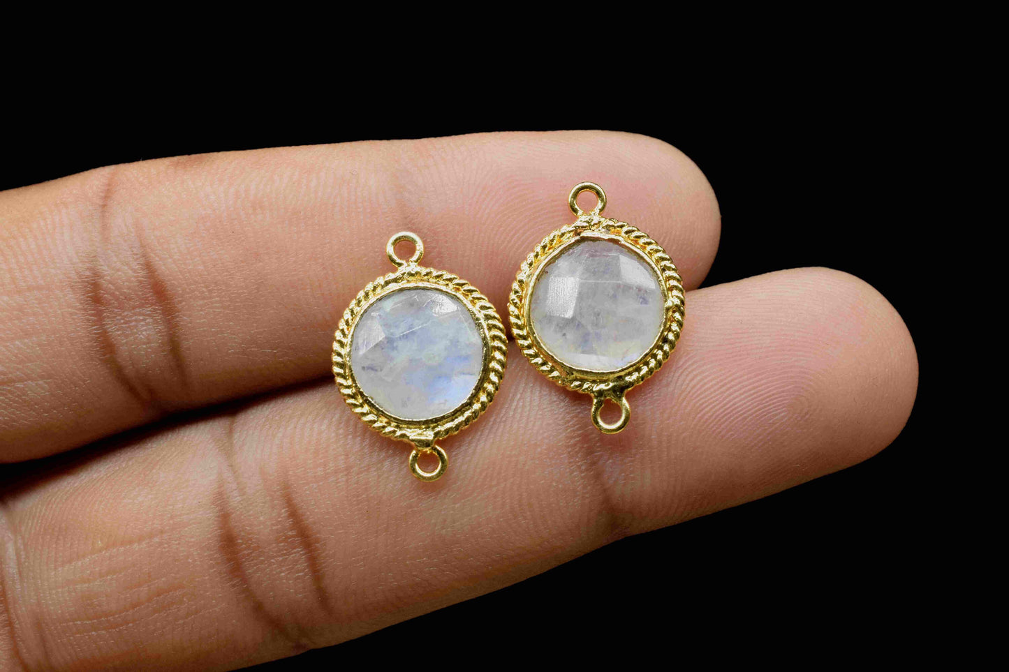 Rainbow Moonstone 10mm Round Shape Double Bail Connector,Moonstone Charms Pendant,Moonstone Gold Plated Bezel,Jewelry Making Charms Crafts