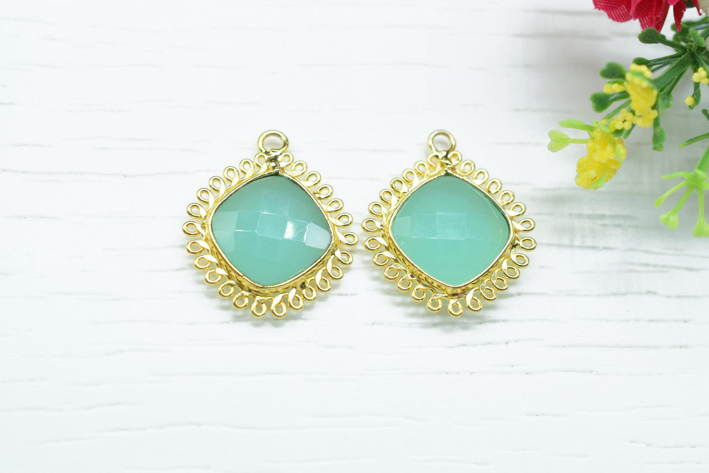 Aqua Chalcedony 14mm Cushion Bezel Charms,Gemstone Single Bail,Component charm,Handmade Jewellery Connectors,Boho Pendant Charm,Gift