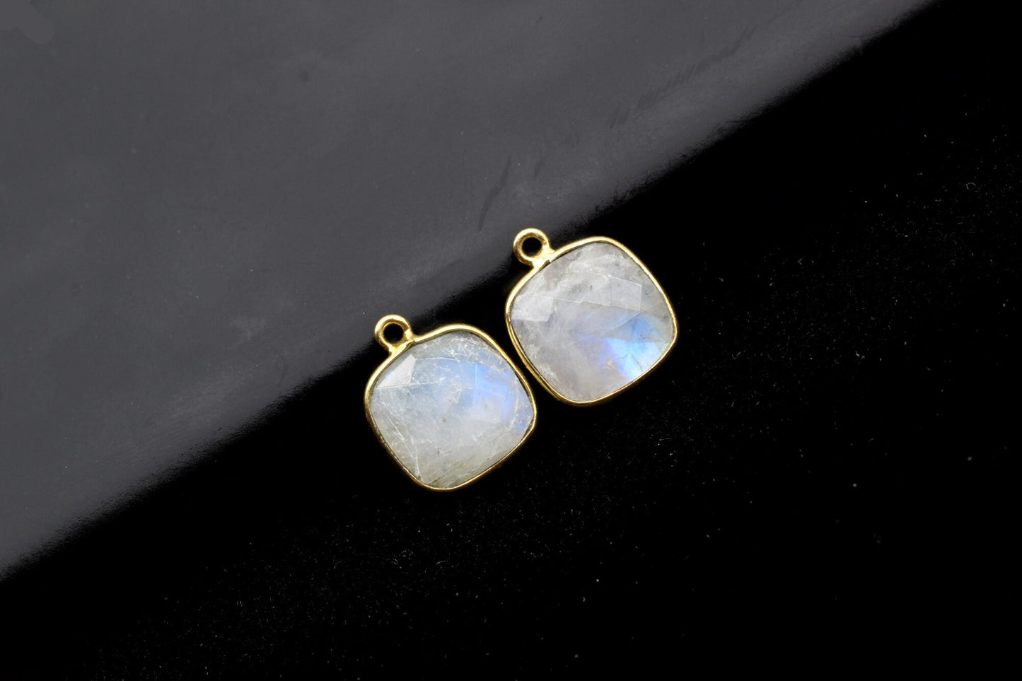 Moonstone 12mm cushion shape single loop connectors,Moonstone Pendants,White Rainbow bezel links,Gemstone Cushion Cone Charms,Minimal Stones