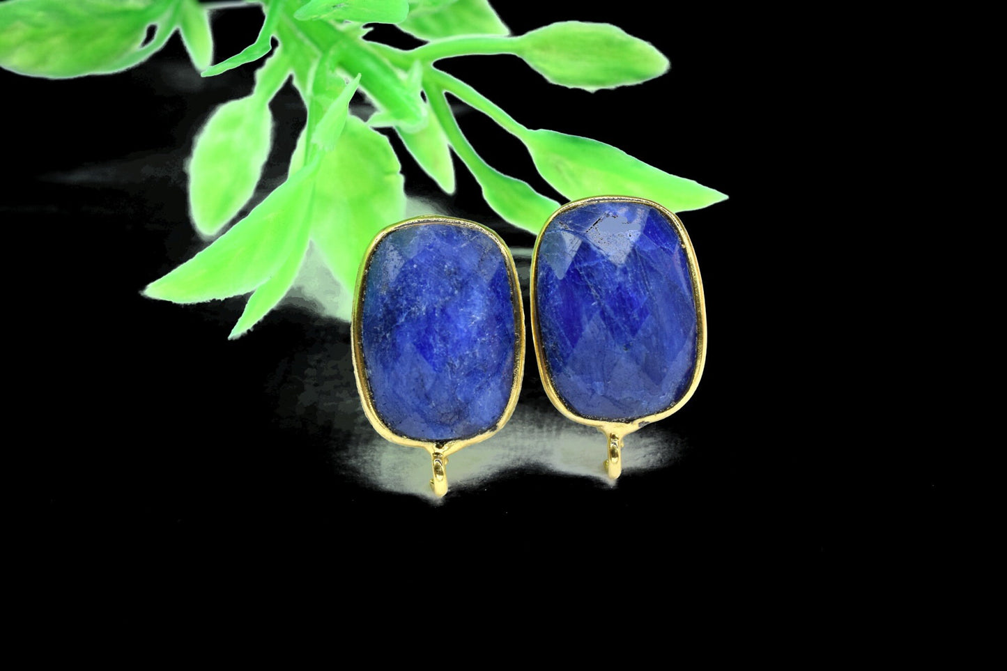 Blue Sapphire 12x16mm rectangle Earring Connector,Jewelry Making,Sapphire Connector post stud,Gold Plated Earring Connector,Rectangle Studs