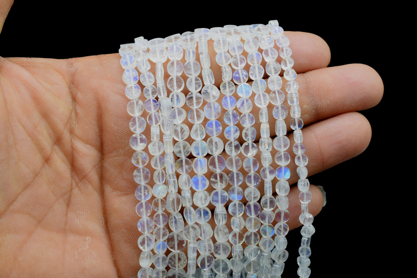 Natural Blue Fire Rainbow Moonstone Coin Beads,4 to 5mm White Rainbow Moonstone Smooth Coin Beads,AAA Moonstone Beads,Semi Precious Gemstone