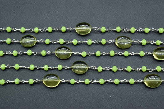 Natural Prehinte Smooth Oval Rosary Style Beaded Chain,Gold Plated Wire Wrapped Chain,Gemstone Linked Handmade Chain,Jewelry Making,Per Foot