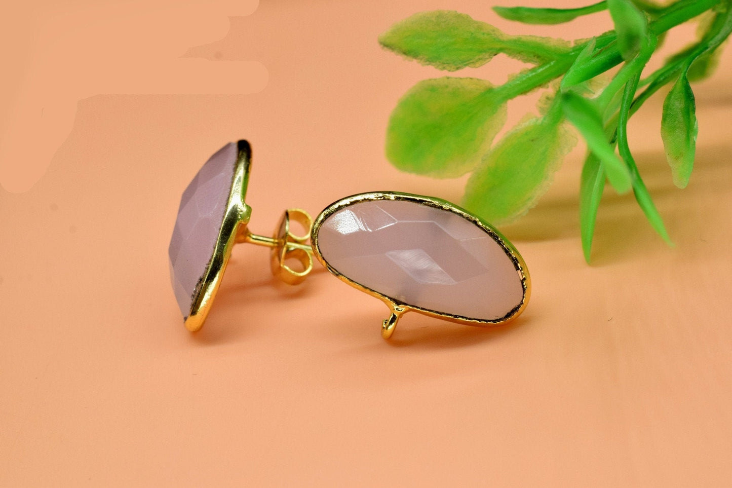 Pink Chalcedony Earring Connector,Pink chalcedony Jewelry Making Supplies,Ear Post Studs Connectors,Rose Quartz Ear Studs,Gemstone Ear Post,