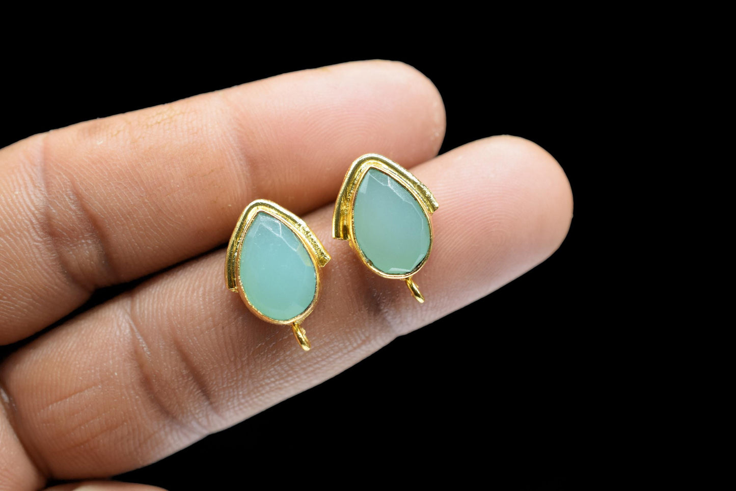 Aqua Chalcedony Studs Earring/Gold Plated Earring/Handmade Earring/Bezel Set Earring/Teardrop Earring/Women Jewelry/Connector Earring/Gift