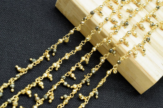 Natural Pyrite Dangling Rosary Chain,Gemstone Beaded Chain,Wire Wrapped Necklace Chain,Pyrite Cluster Beads Chain,Handmade Bead Jewelry Gift