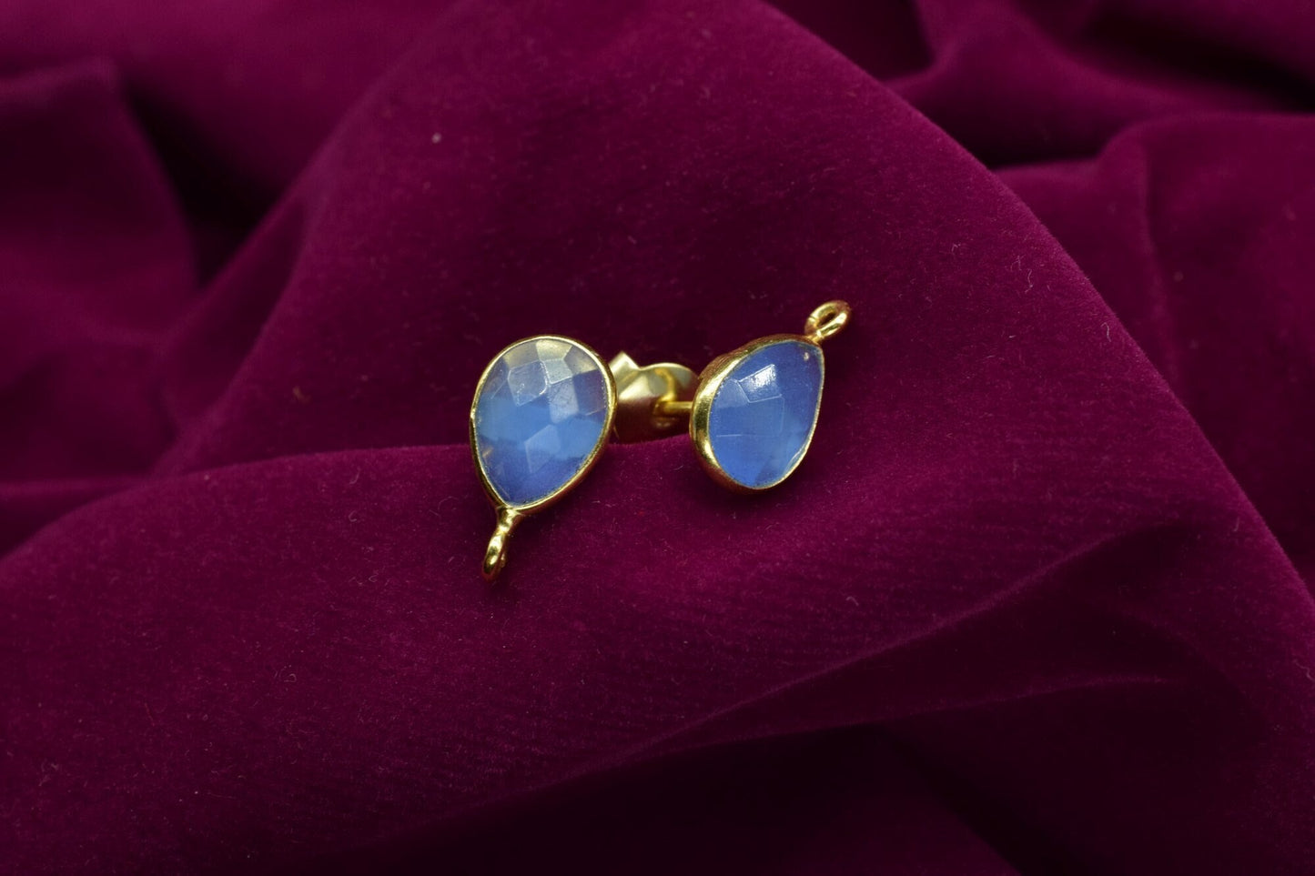 Blue Chalcedony 7x10mm Teardrop shape Earring connector Stud post setting with loop open bail, Blue Chalcedony Gold Plated Earring With Loop